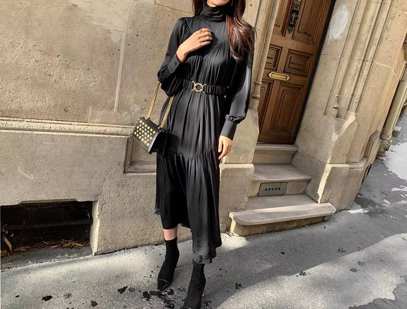 Vintage Sashes Turtleneck Long Sleeve A-line Mid-Long Dress