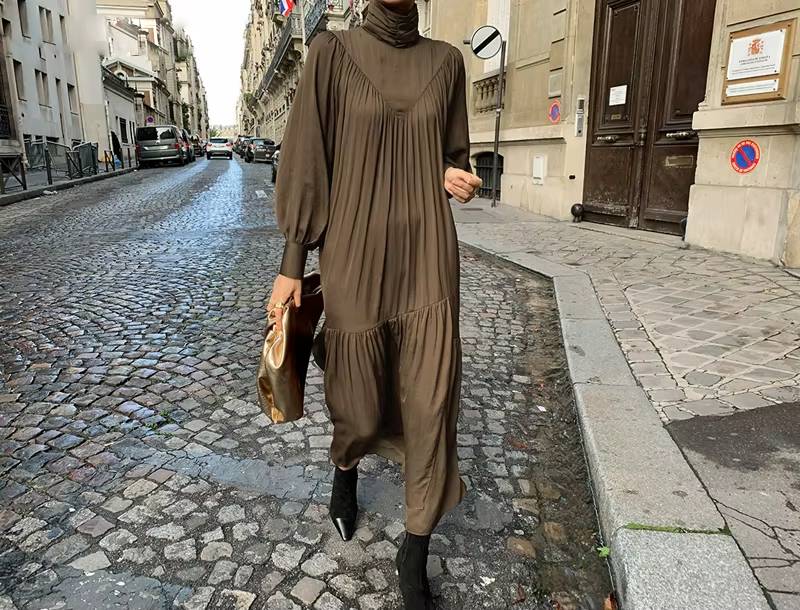 Vintage Sashes Turtleneck Long Sleeve A-line Mid-Long Dress