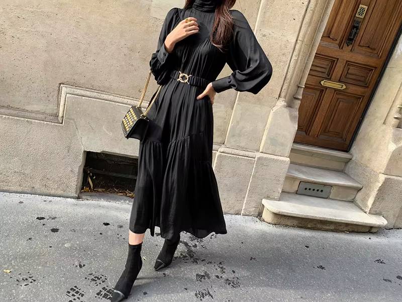 Vintage Sashes Turtleneck Long Sleeve A-line Mid-Long Dress