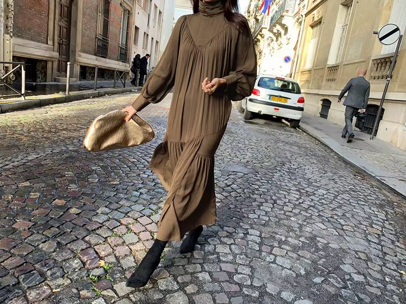 Vintage Sashes Turtleneck Long Sleeve A-line Mid-Long Dress