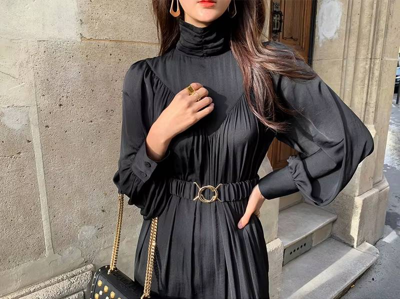 Vintage Sashes Turtleneck Long Sleeve A-line Mid-Long Dress