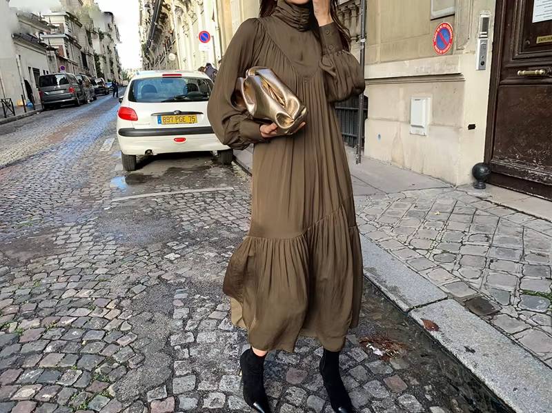Vintage Sashes Turtleneck Long Sleeve A-line Mid-Long Dress