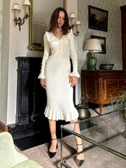Vintage Single Breasted Ruffled Knitted Slim Midi Dress