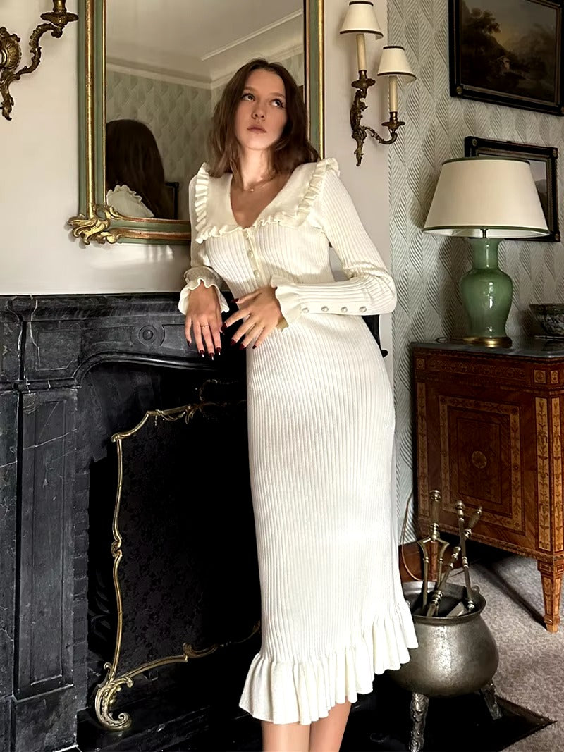 Vintage Single Breasted Ruffled Knitted Slim Midi Dress