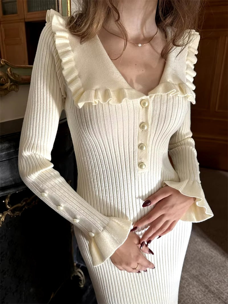 Vintage Single Breasted Ruffled Knitted Slim Midi Dress
