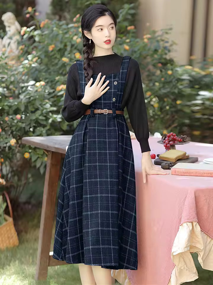 Vintage Single Breasted Spaghetti Strap Woolen With Belt Plaid Midi Dress