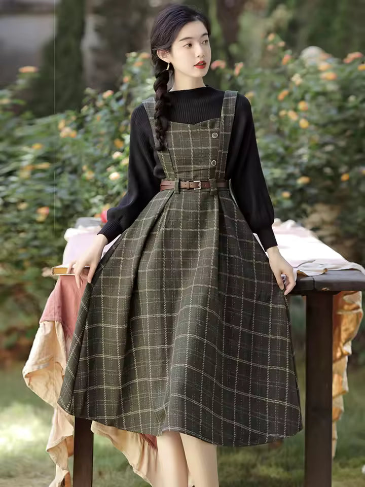 Vintage Single Breasted Spaghetti Strap Woolen With Belt Plaid Midi Dress