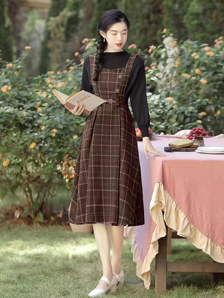 Vintage Single Breasted Spaghetti Strap Woolen With Belt Plaid Midi Dress