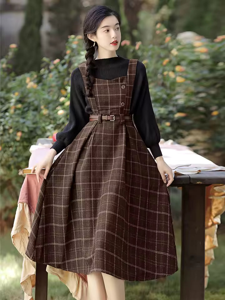 Vintage Single Breasted Spaghetti Strap Woolen With Belt Plaid Midi Dress