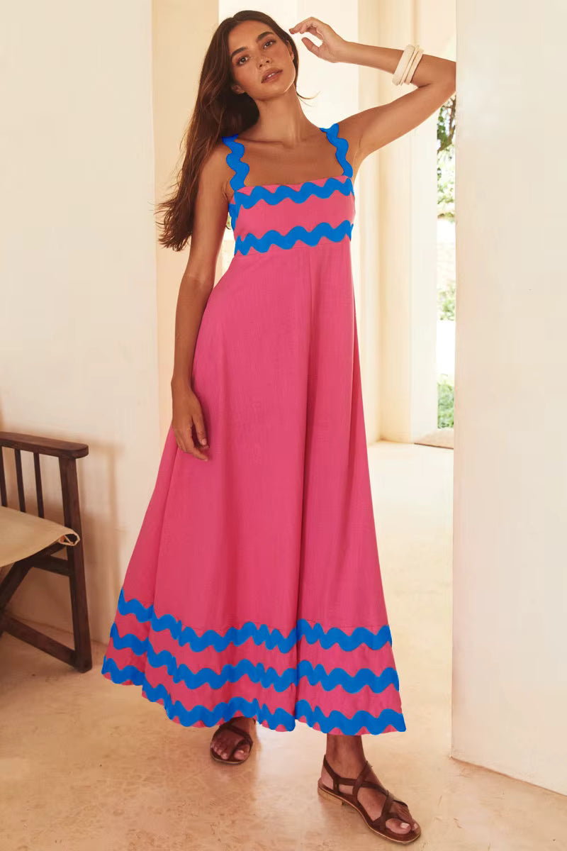 Vintage Sleeveless Strap Skirt Plant Flower Printed Loose Maxi Dress