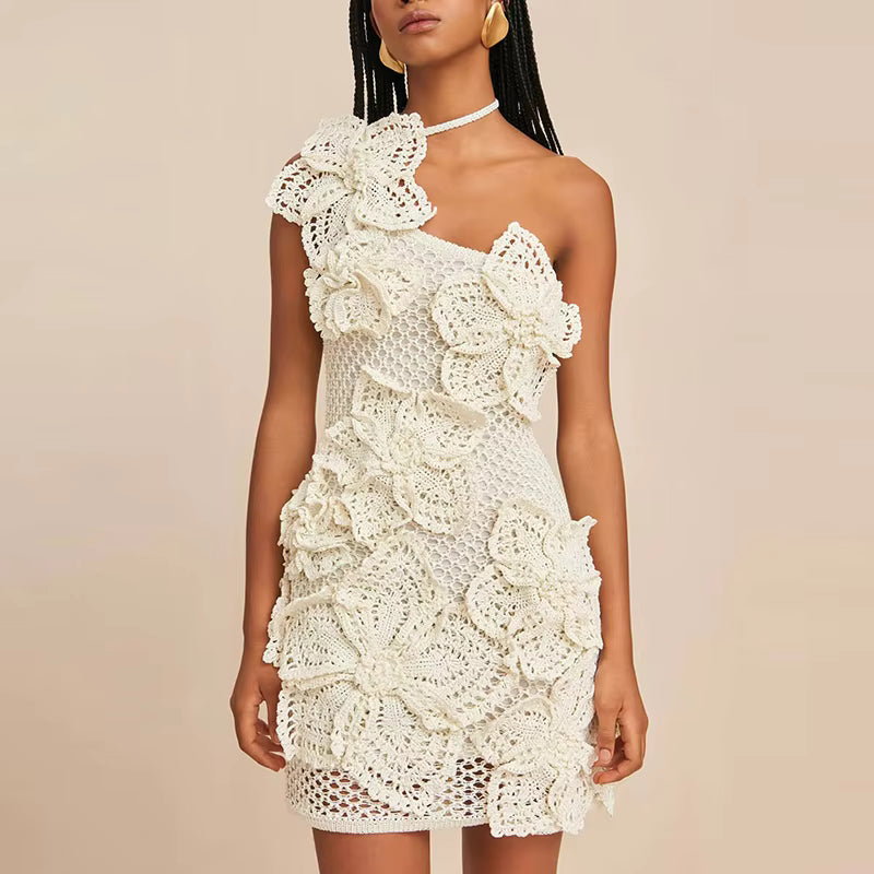 Vintage Slim Sleeveless Backless Flower Knit Hollow Out Mini Dress