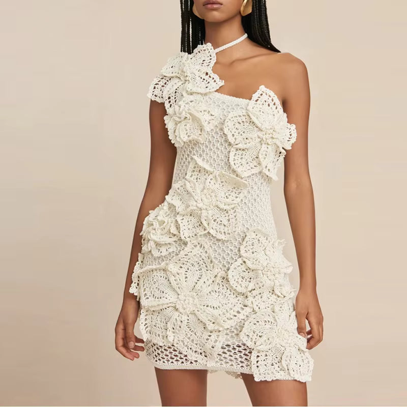 Vintage Slim Sleeveless Backless Flower Knit Hollow Out Mini Dress