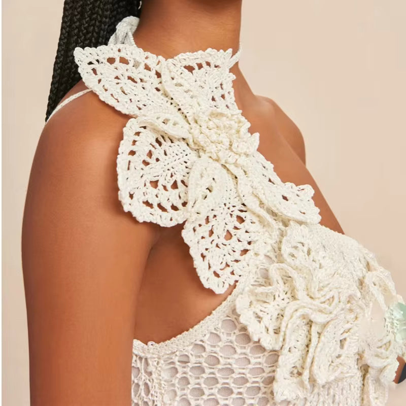 Vintage Slim Sleeveless Backless Flower Knit Hollow Out Mini Dress