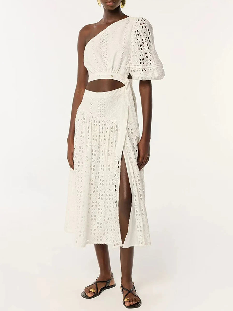 Vintage Solid Hollow Out Slanted Collar Single Shoulder Sleeves High Waist Long Dress