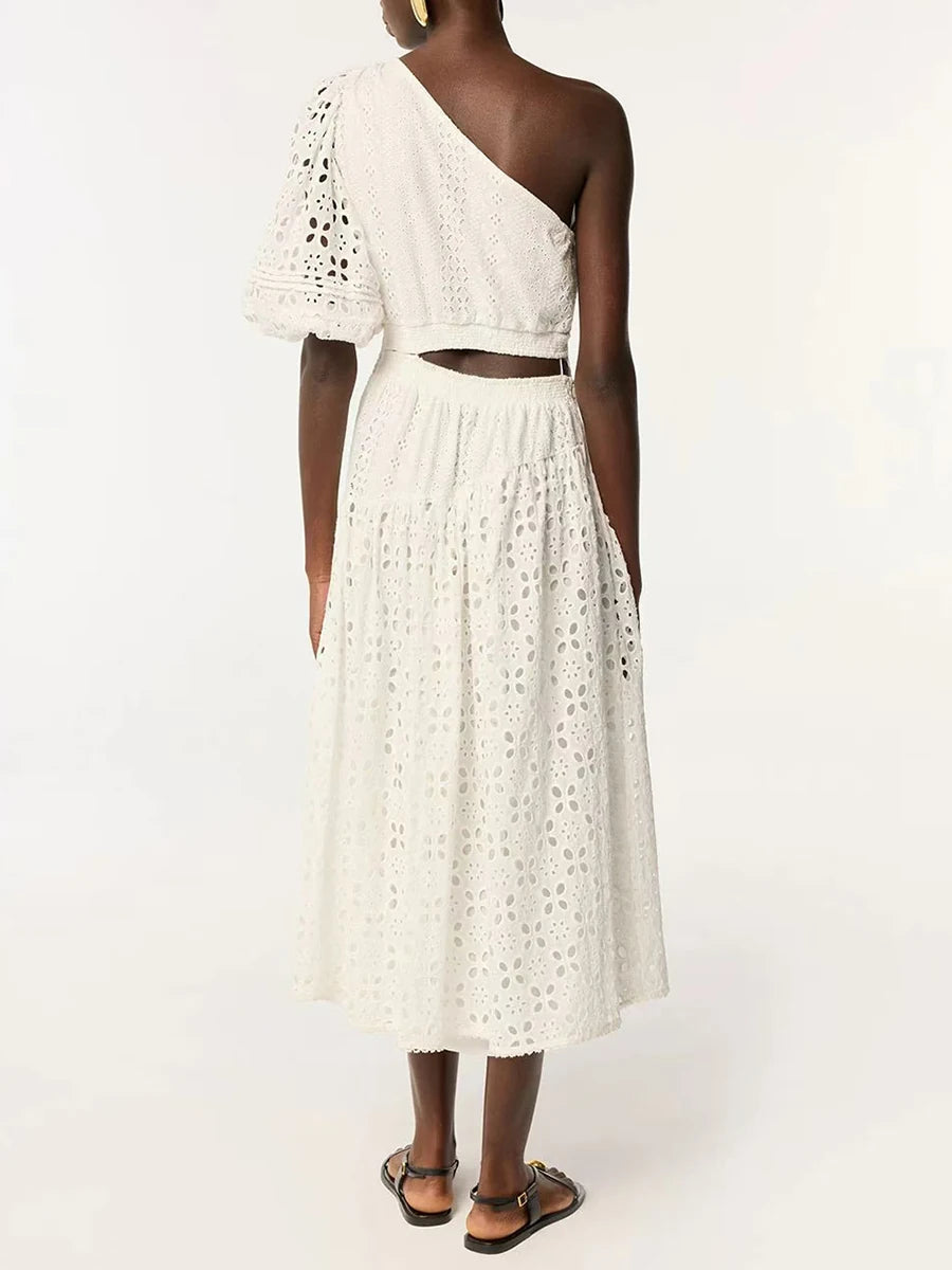 Vintage Solid Hollow Out Slanted Collar Single Shoulder Sleeves High Waist Long Dress