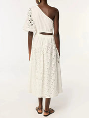 Vintage Solid Hollow Out Slanted Collar Single Shoulder Sleeves High Waist Long Dress