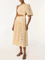 Vintage Solid Hollow Out Slanted Collar Single Shoulder Sleeves High Waist Long Dress