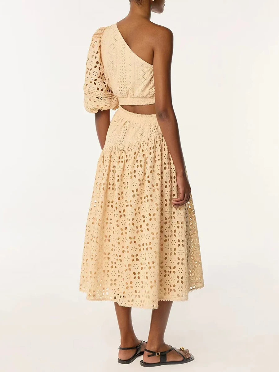 Vintage Solid Hollow Out Slanted Collar Single Shoulder Sleeves High Waist Long Dress