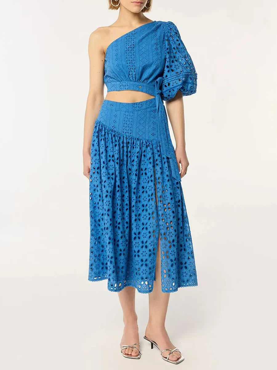 Vintage Solid Hollow Out Slanted Collar Single Shoulder Sleeves High Waist Long Dress