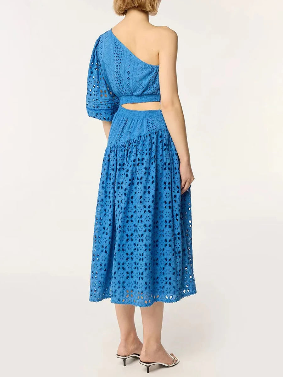 Vintage Solid Hollow Out Slanted Collar Single Shoulder Sleeves High Waist Long Dress