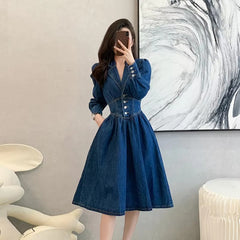 Vintage Solid Lapel V-Neck Backless Elastic Waist Office Lady Denim Dresses