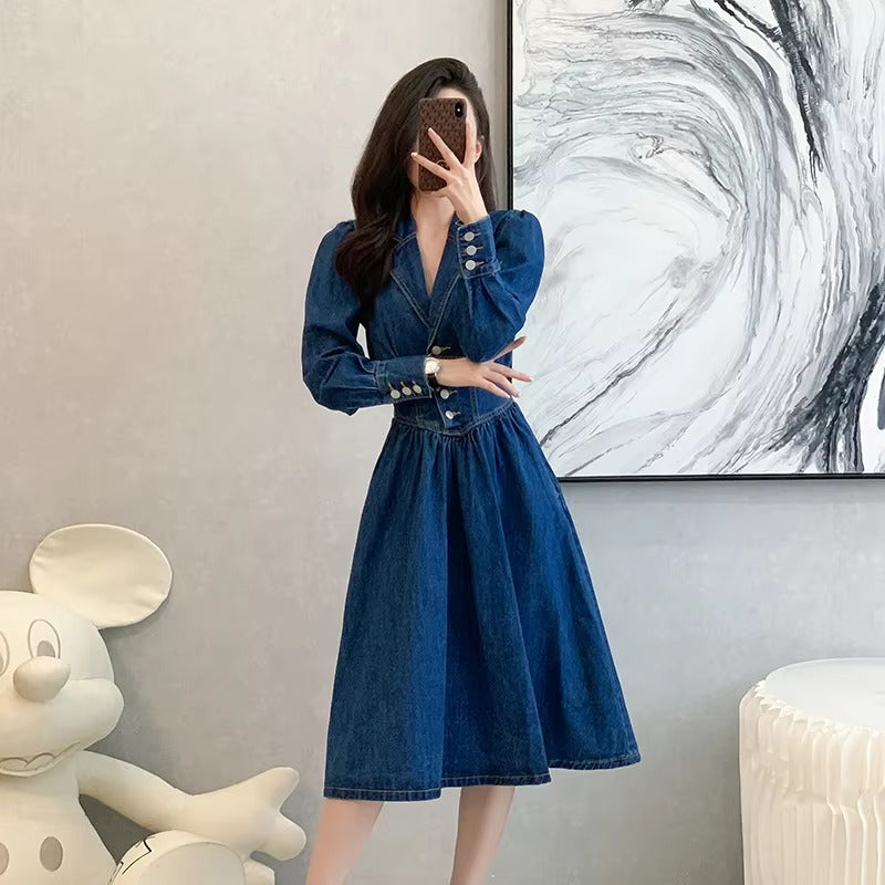 Vintage Solid Lapel V-Neck Backless Elastic Waist Office Lady Denim Dresses