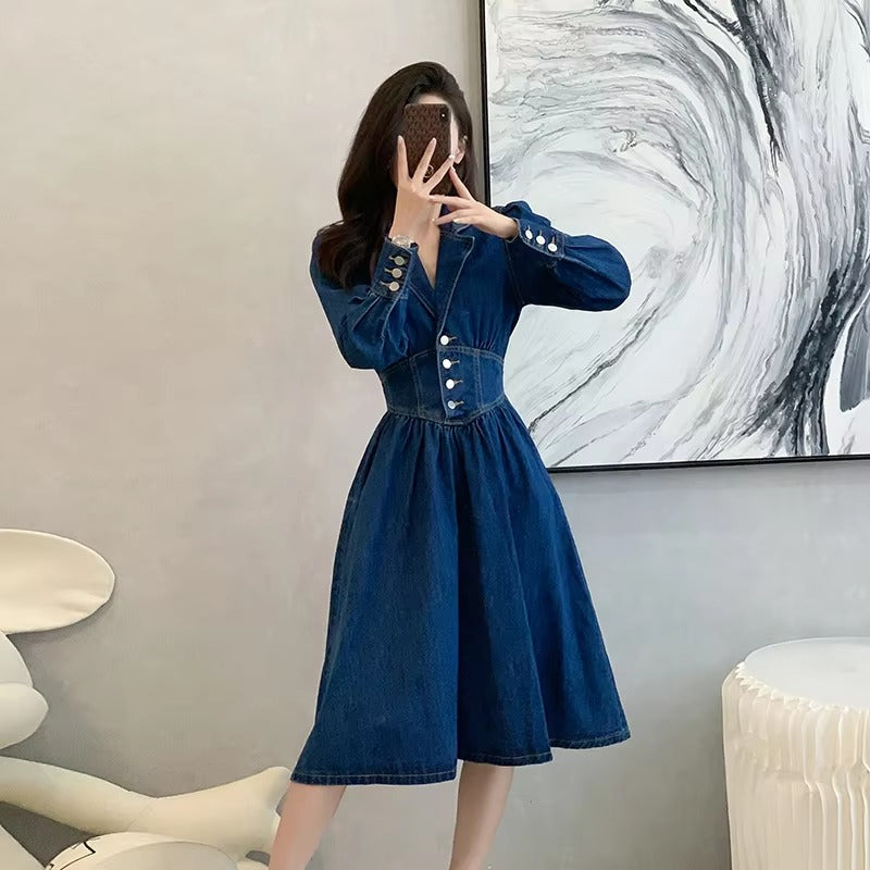 Vintage Solid Lapel V-Neck Backless Elastic Waist Office Lady Denim Dresses