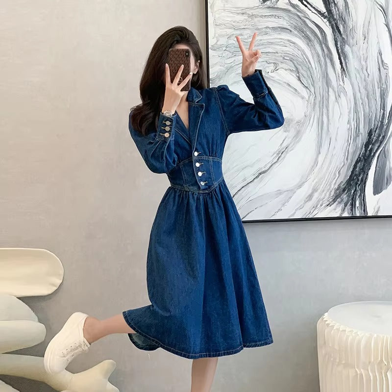 Vintage Solid Lapel V-Neck Backless Elastic Waist Office Lady Denim Dresses