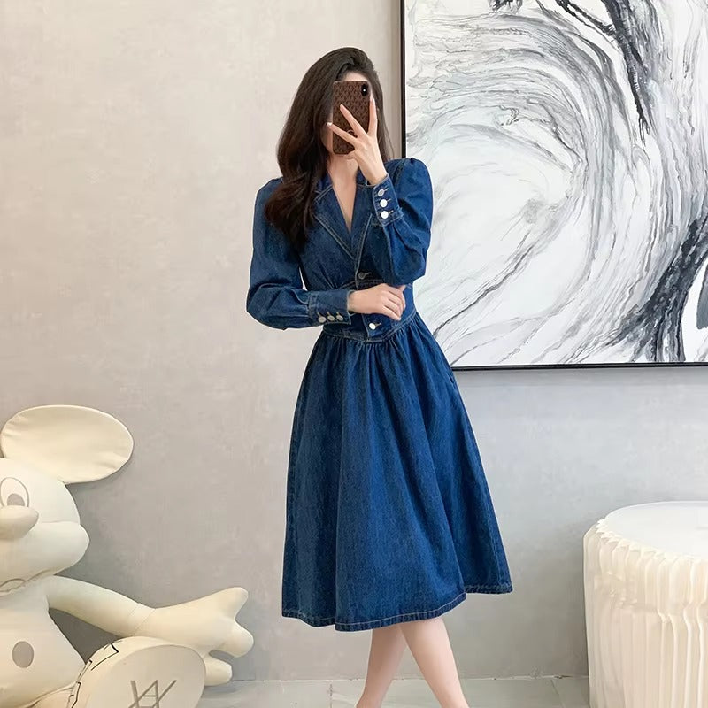 Vintage Solid Lapel V-Neck Backless Elastic Waist Office Lady Denim Dresses