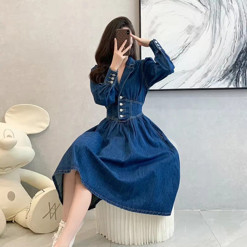 Vintage Solid Lapel V-Neck Backless Elastic Waist Office Lady Denim Dresses