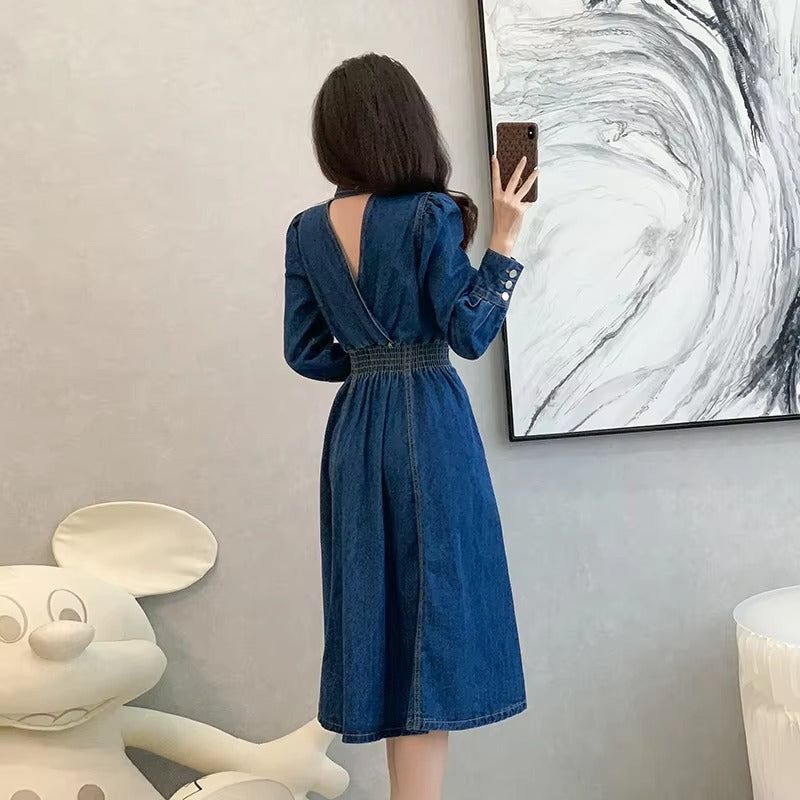 Vintage Solid Lapel V-Neck Backless Elastic Waist Office Lady Denim Dresses