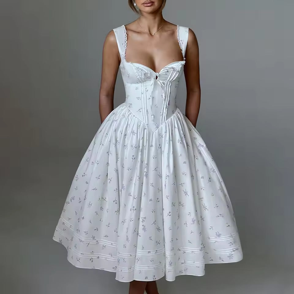 Vintage Square Neck Printing Spliced Lace Up Midi Dress