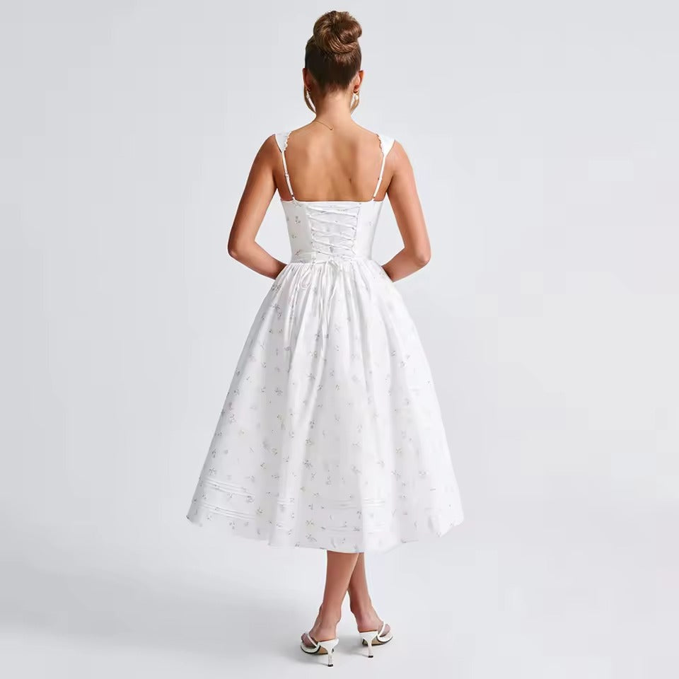 Vintage Square Neck Printing Spliced Lace Up Midi Dress