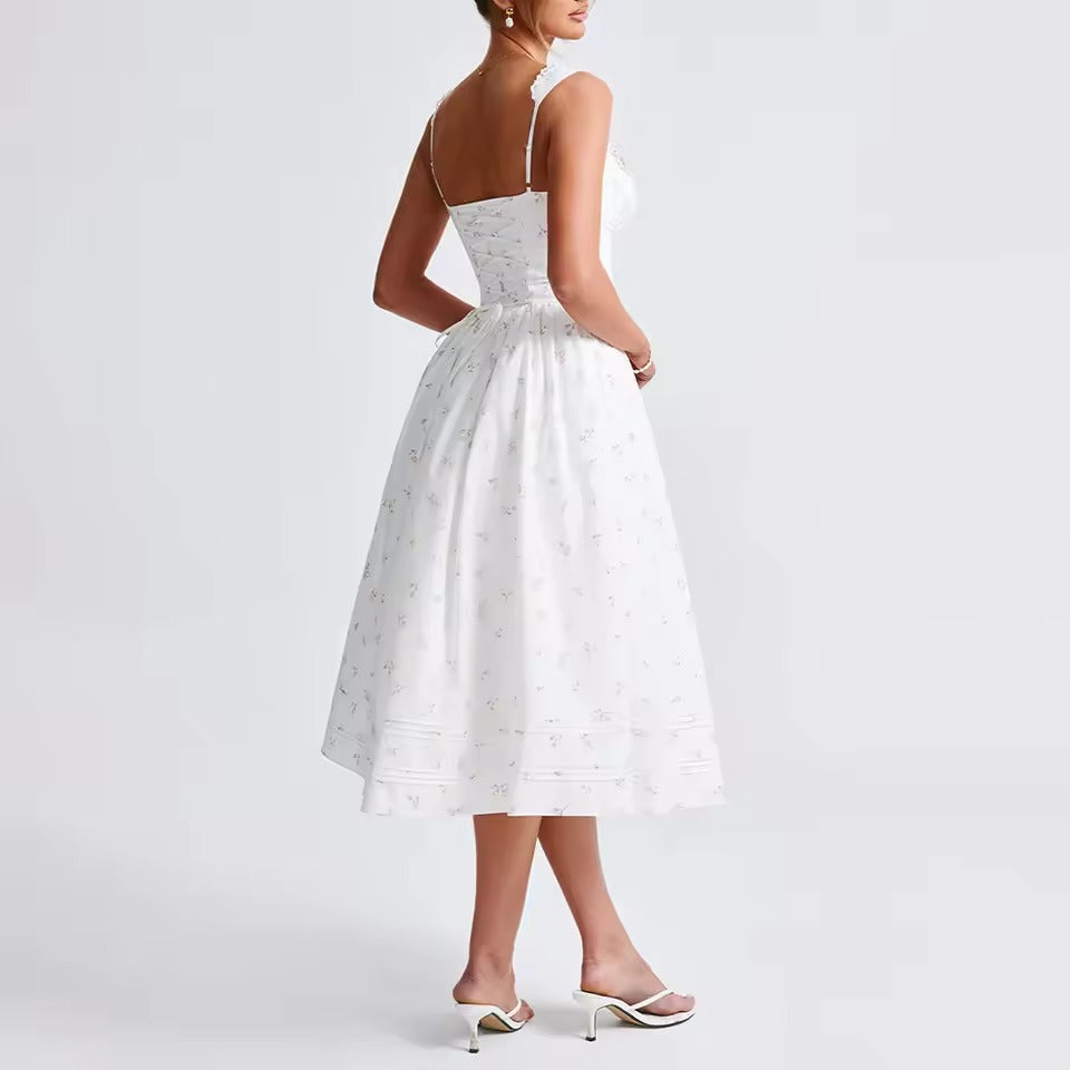 Vintage Square Neck Printing Spliced Lace Up Midi Dress