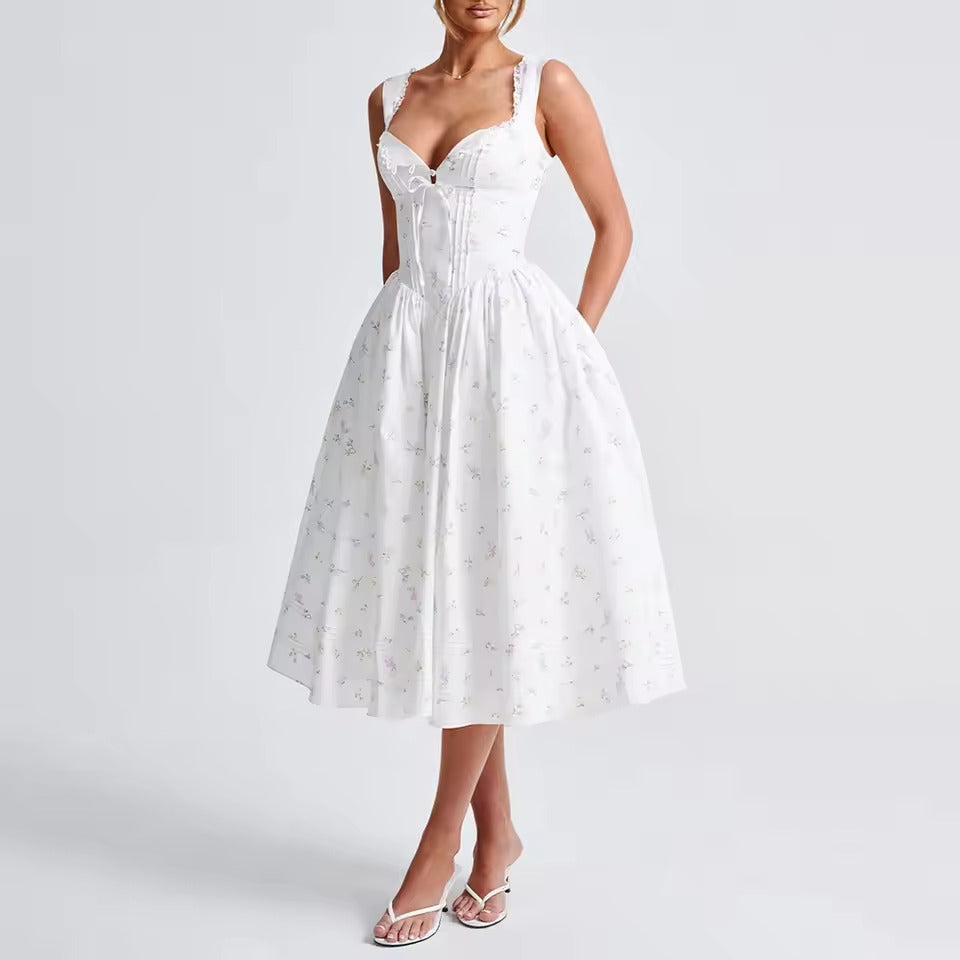 Vintage Square Neck Printing Spliced Lace Up Midi Dress