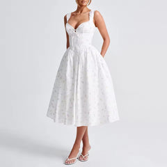 Vintage Square Neck Printing Spliced Lace Up Midi Dress