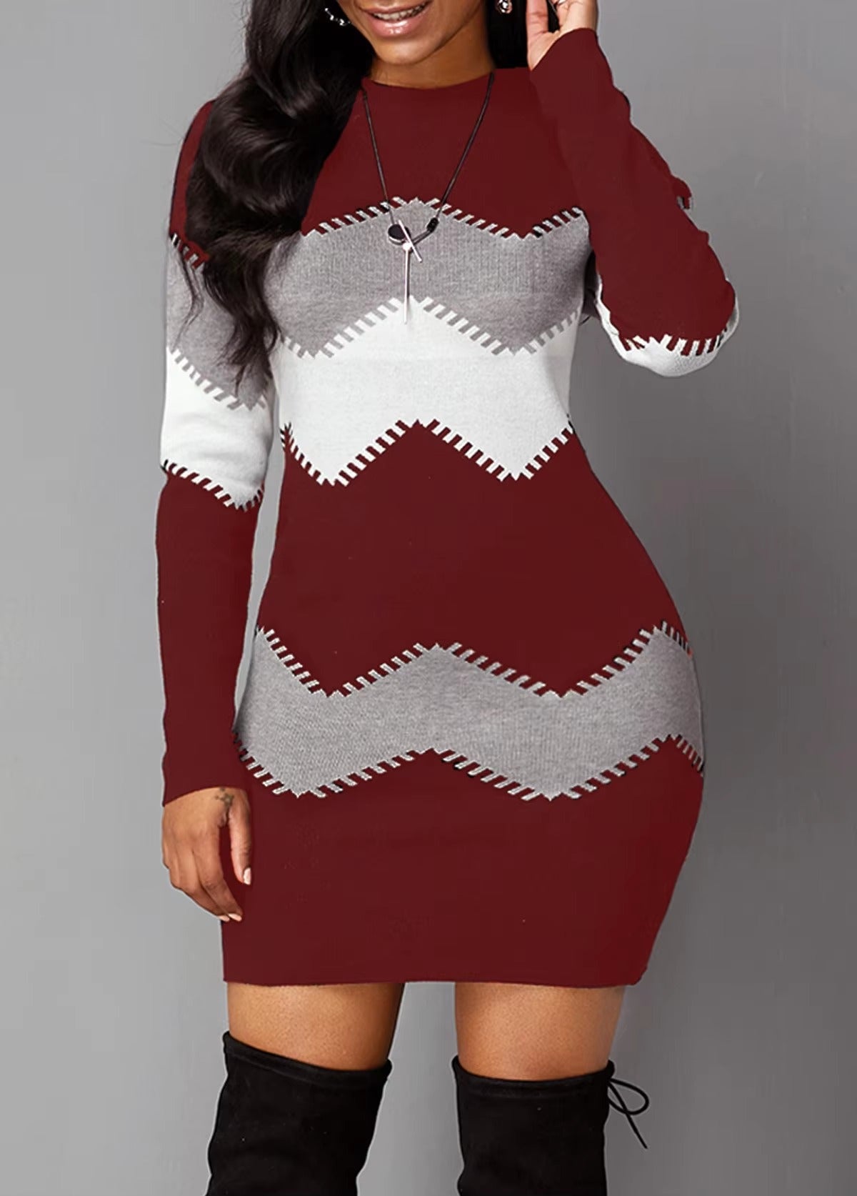 Vintage Strip Printing O-Neck Full Sleeve A-LINE Party Elegant Dresses