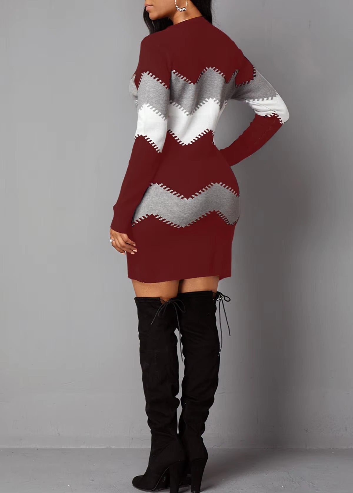 Vintage Strip Printing O-Neck Full Sleeve A-LINE Party Elegant Dresses