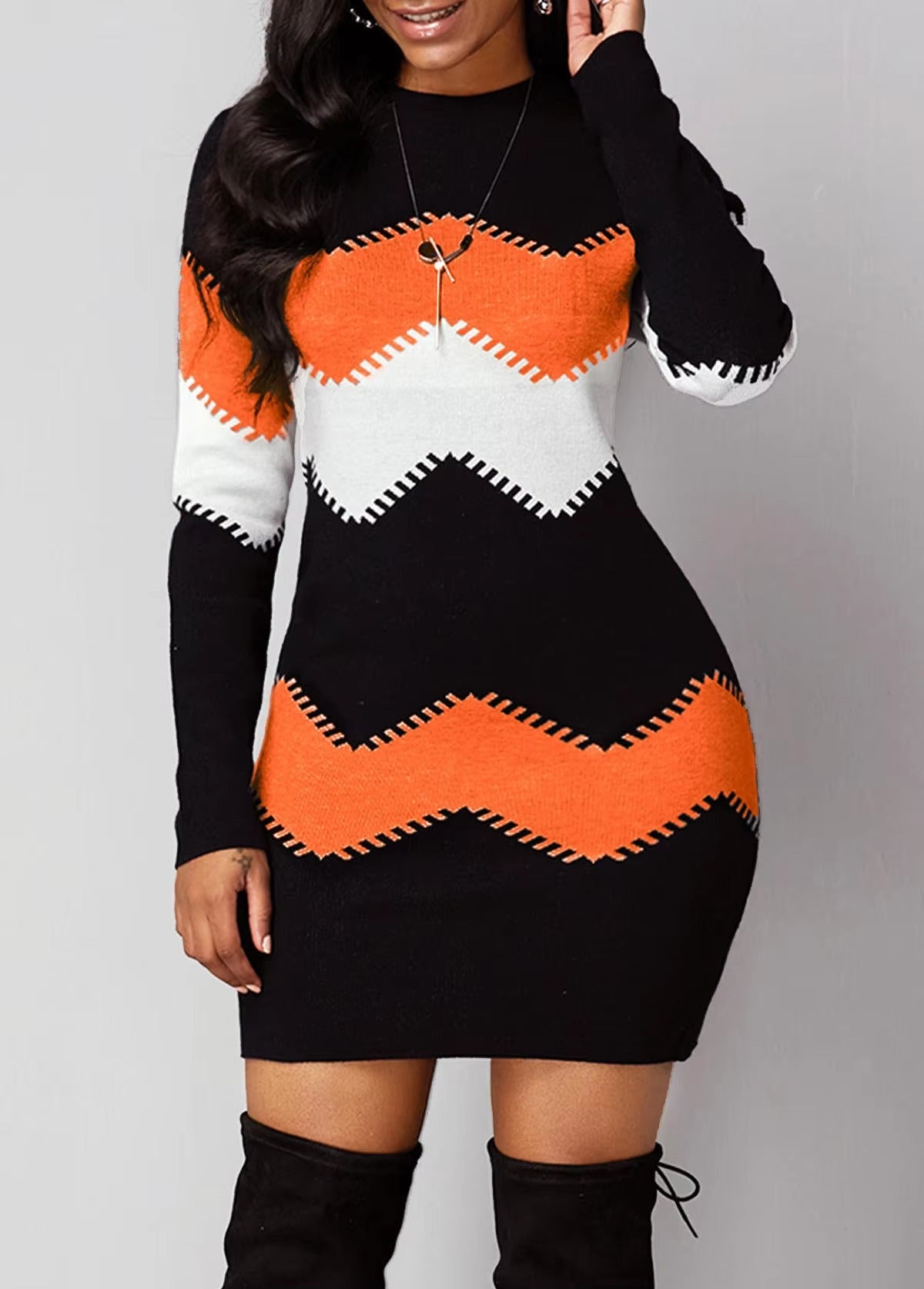 Vintage Strip Printing O-Neck Full Sleeve A-LINE Party Elegant Dresses