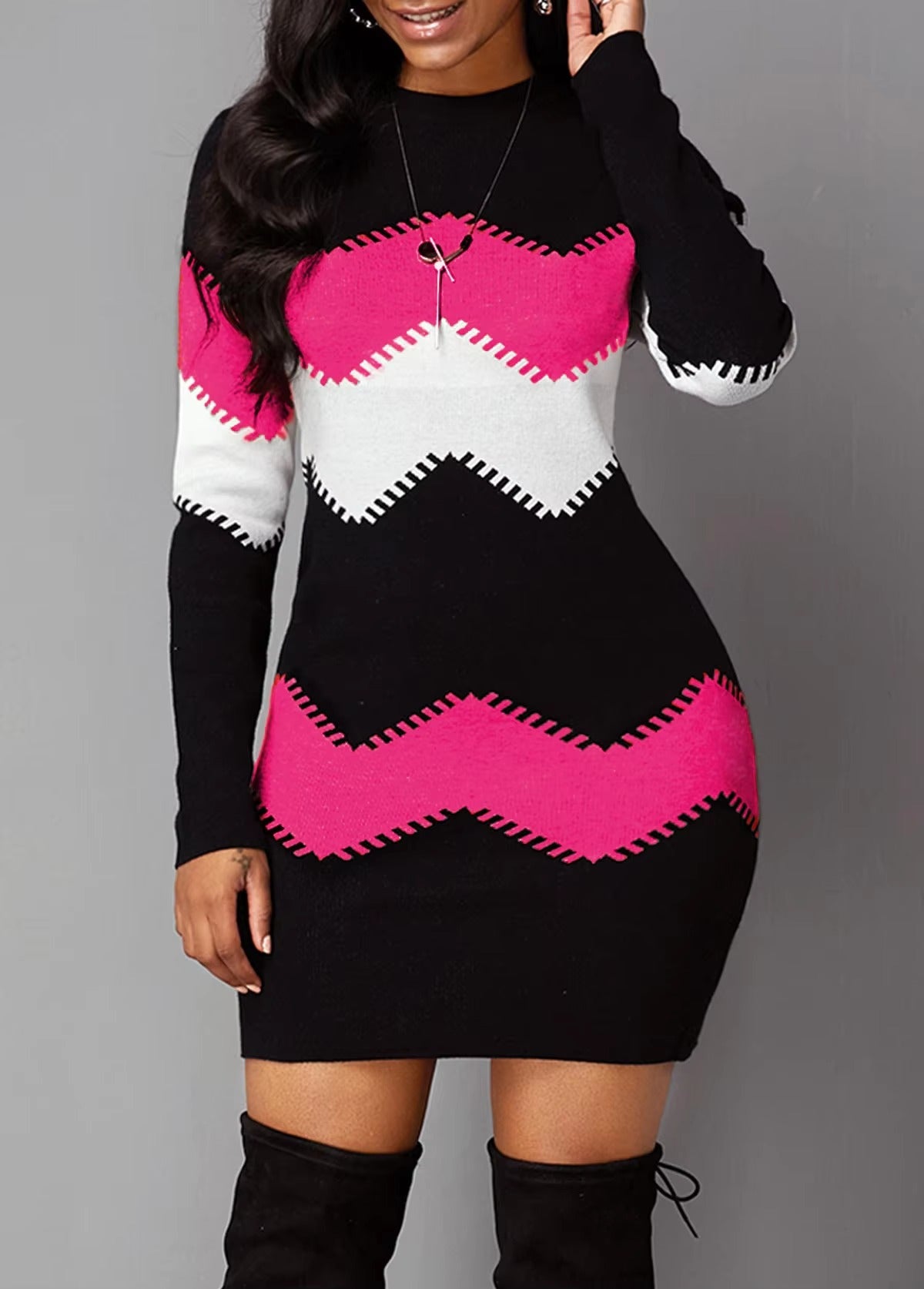 Vintage Strip Printing O-Neck Full Sleeve A-LINE Party Elegant Dresses