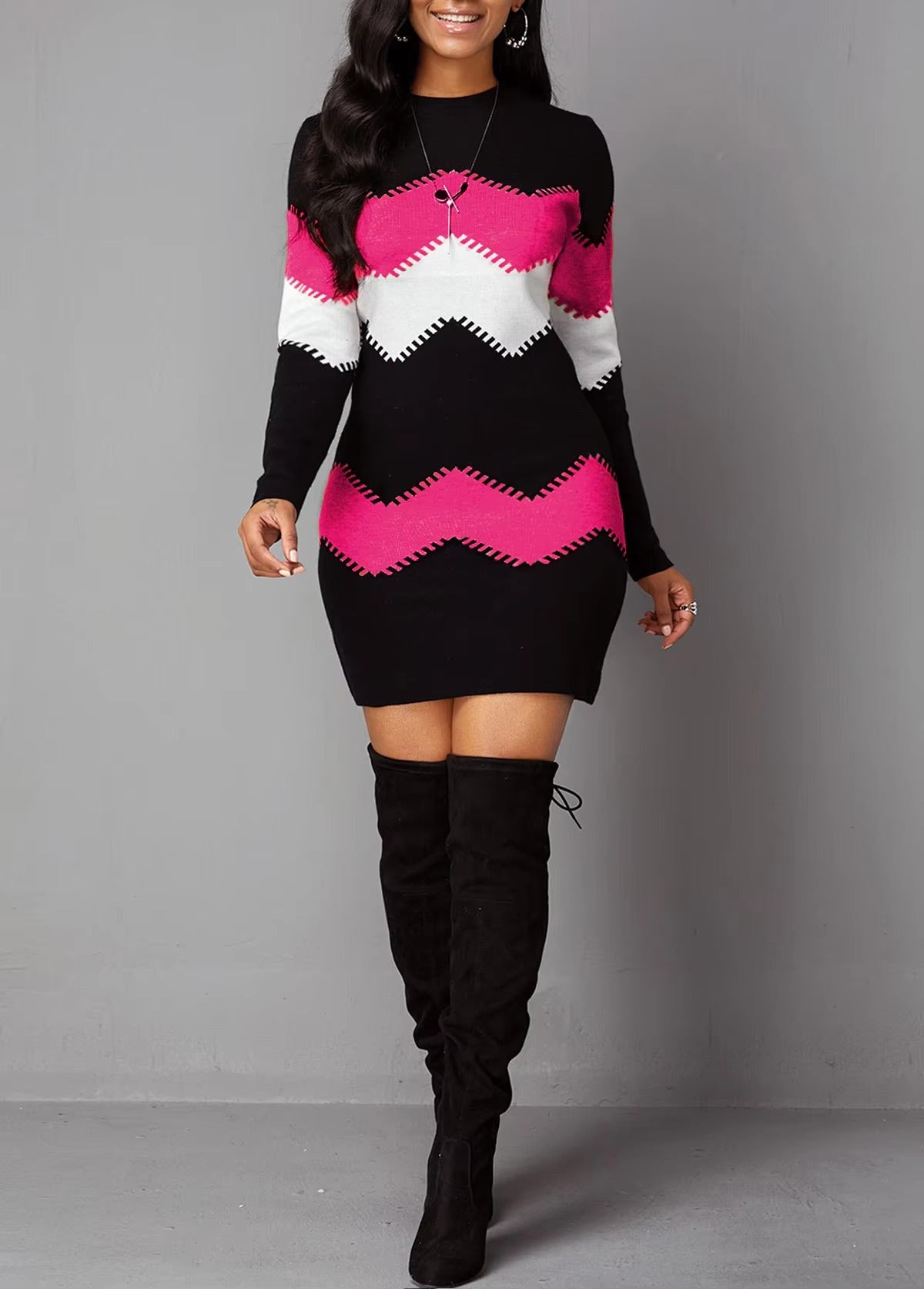 Vintage Strip Printing O-Neck Full Sleeve A-LINE Party Elegant Dresses