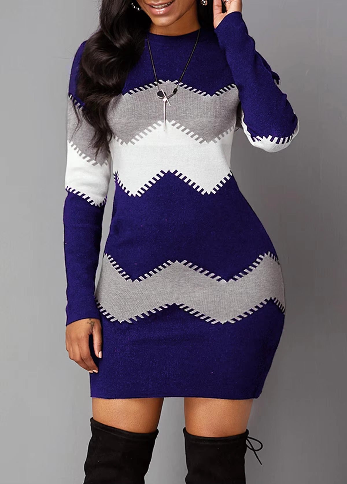 Vintage Strip Printing O-Neck Full Sleeve A-LINE Party Elegant Dresses