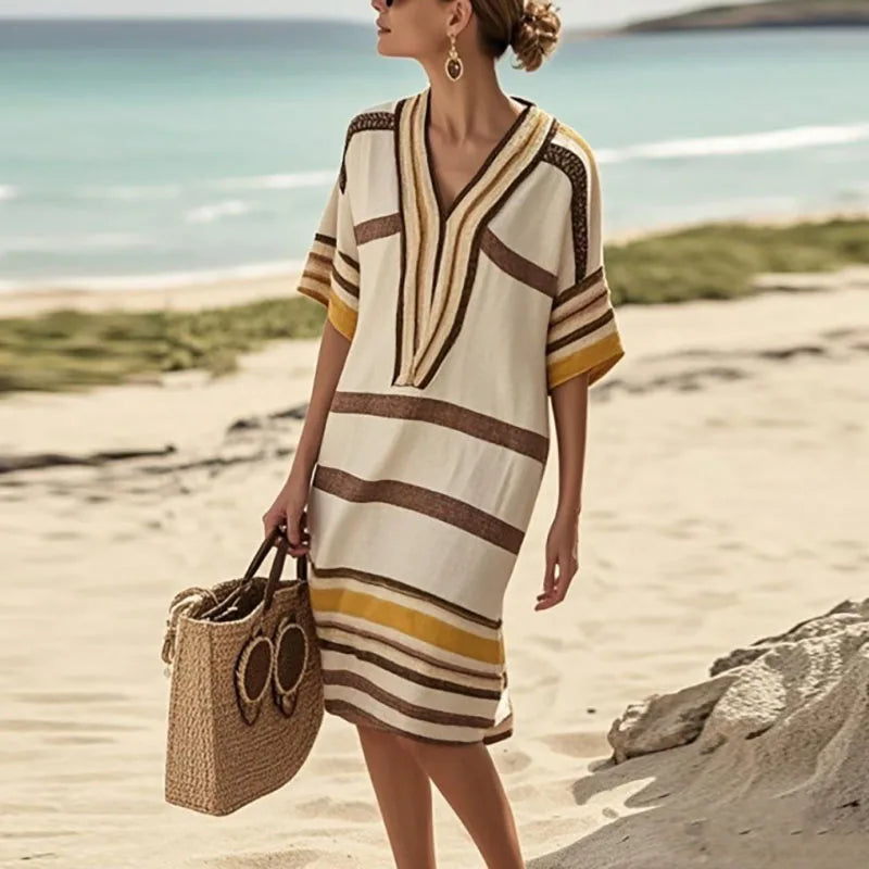Vintage Stripe Print Casual Short Sleeve V Neck Vacation Loose Commute Dresses