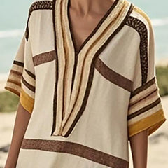 Vintage Stripe Print Casual Short Sleeve V Neck Vacation Loose Commute Dresses