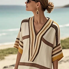 Vintage Stripe Print Casual Short Sleeve V Neck Vacation Loose Commute Dresses