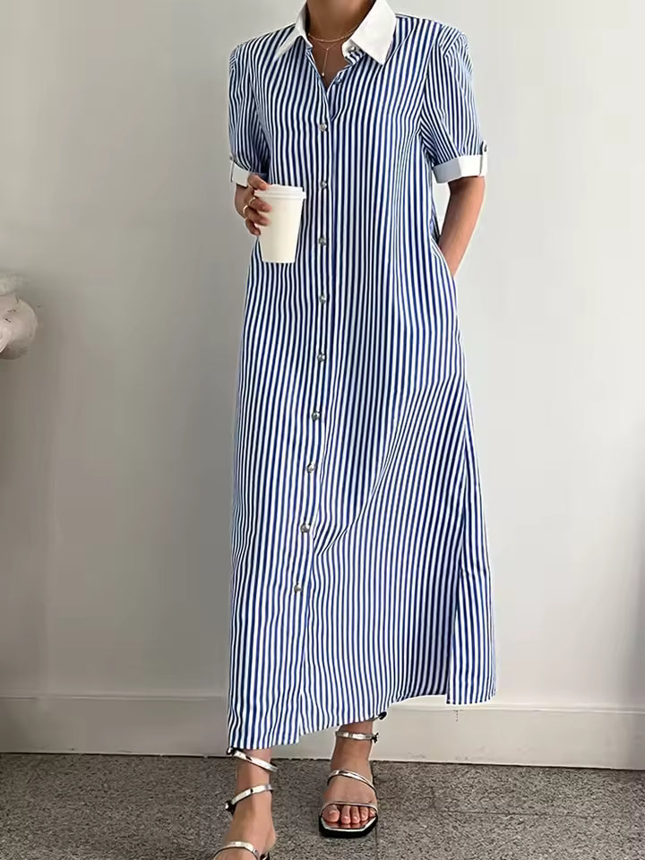 Vintage Striped High Waist Lace Up Single Breasted Loose Shirt Dress