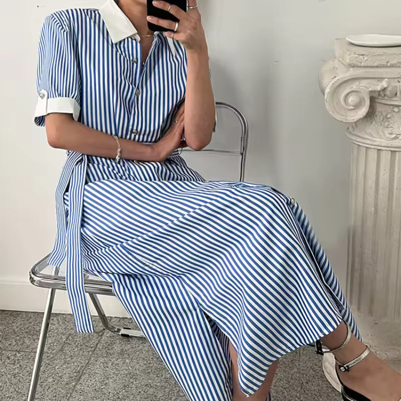 Vintage Striped High Waist Lace Up Single Breasted Loose Shirt Dress