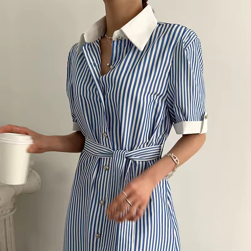 Vintage Striped High Waist Lace Up Single Breasted Loose Shirt Dress