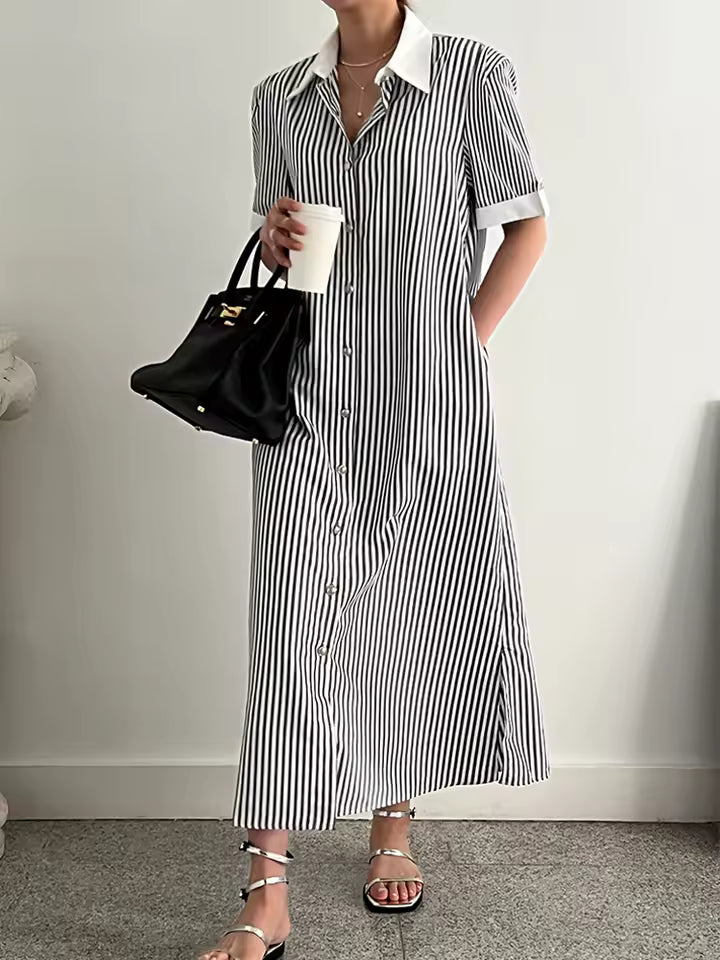 Vintage Striped High Waist Lace Up Single Breasted Loose Shirt Dress