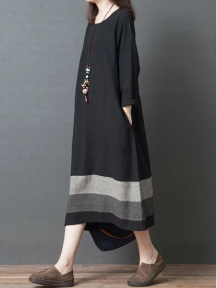 Vintage Style O-neck Loose Comfortable Cotton Linen Long Dress